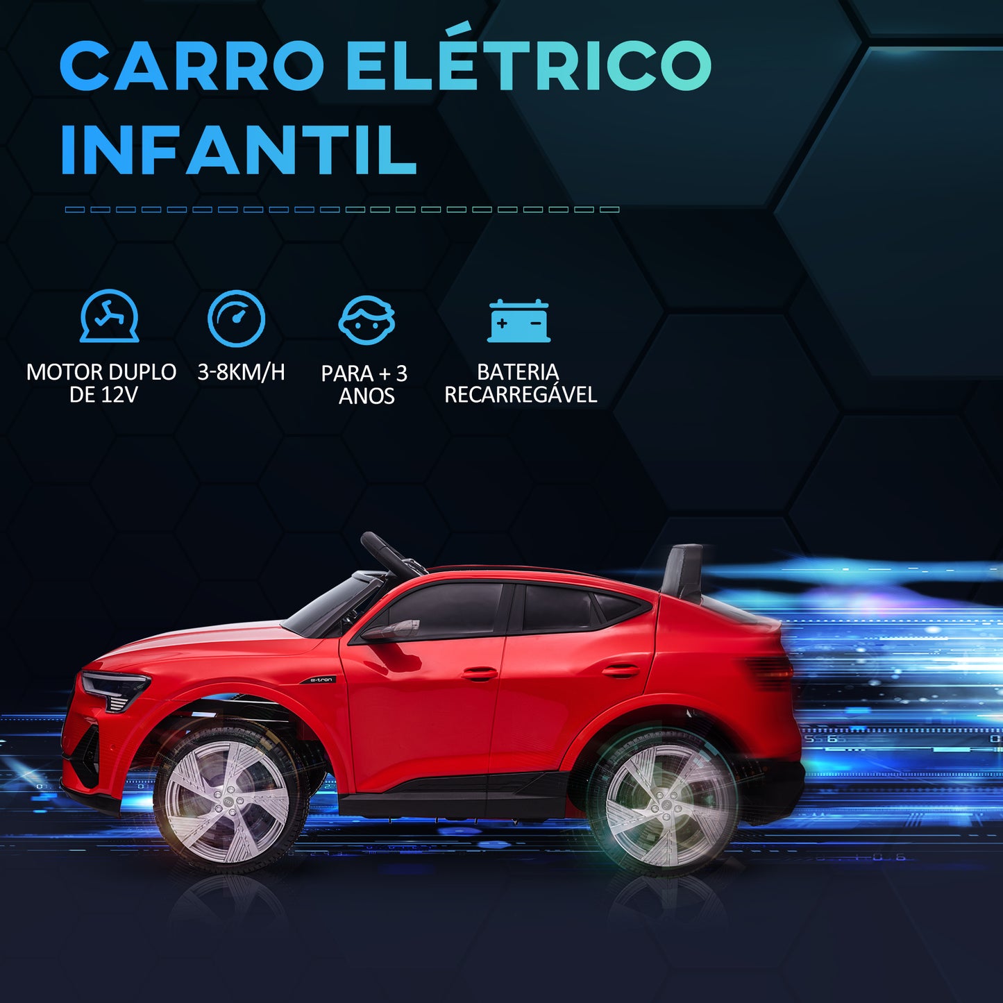 HOMCOM Carro Elétrico Audi E-Tron 12V para Crianças acima de 3 Anos com Controle Remoto Faróis Buzina Música MP3 TF USB e Abertura da Porta 3-8km/h 108x60x47cm Vermelho