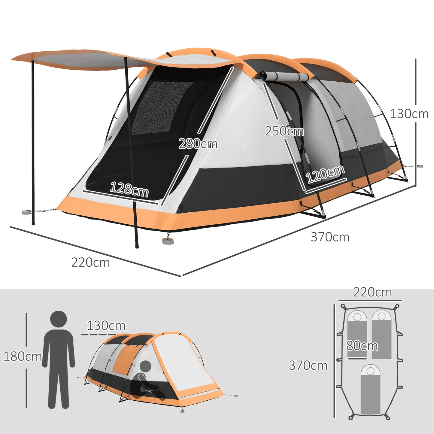 Outsunny Tenda de Campismo Familiar para 3-4 Pessoas Tenda de Campismo Dobrável com 2 Quartos e Bolsa de Transporte Impermeável para Trekking 370x220x130 cm Laranja e Cinza