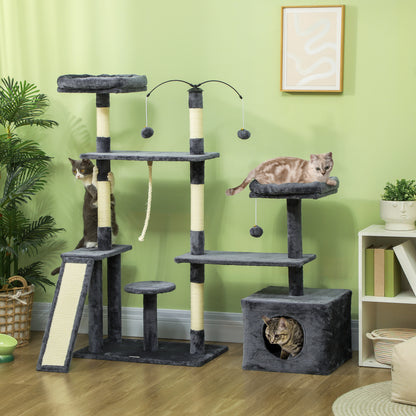 PawHut Arranhador para Gatos 134 cm Torre de Arranhar para Gatos com Caverna Plataformas Bolas de Jogar e Postes de Sisal 124,5x40x134 cm Cinza Escuro