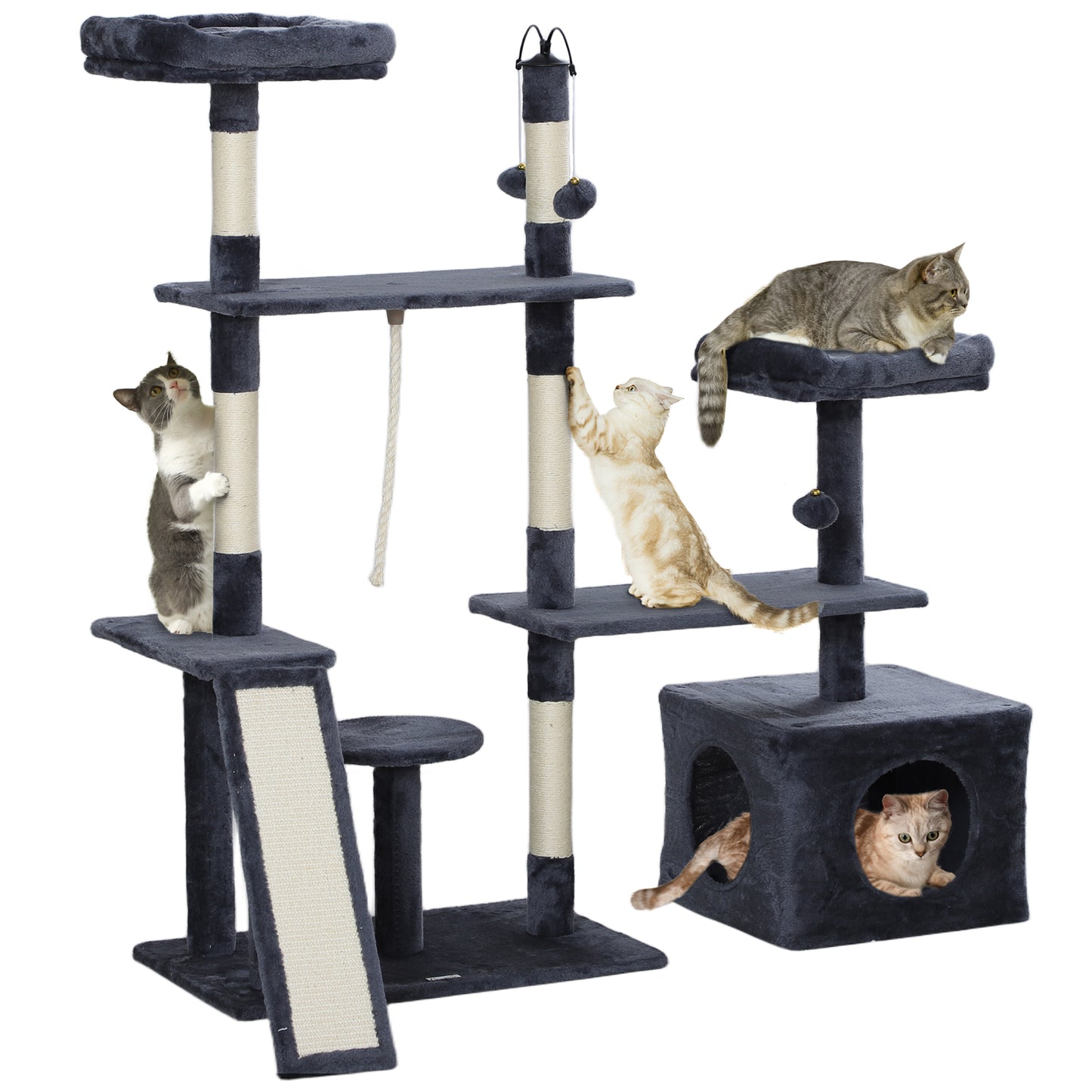 PawHut Arranhador para Gatos 134 cm Torre de Arranhar para Gatos com Caverna Plataformas Bolas de Jogar e Postes de Sisal 124,5x40x134 cm Cinza Escuro