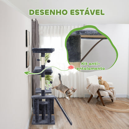 PawHut Arranhador para Gatos 134 cm Torre de Arranhar para Gatos com Caverna Plataformas Bolas de Jogar e Postes de Sisal 124,5x40x134 cm Cinza Escuro