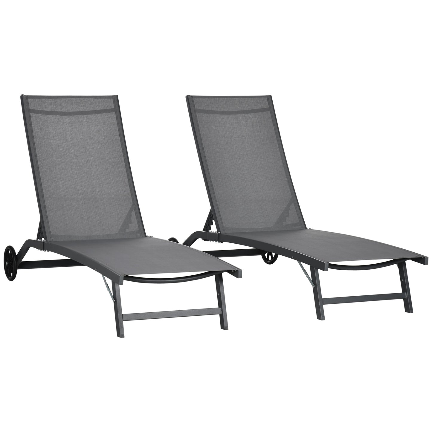 Outsunny Conjunto de 2 Espreguiçadeiras Reclináveis de Jardim Espreguiçadeiras de Alumínio para Exterior com Encosto Ajustável em 5 Níveis e Rodas para Praia Piscina 165x66x102cm Cinza