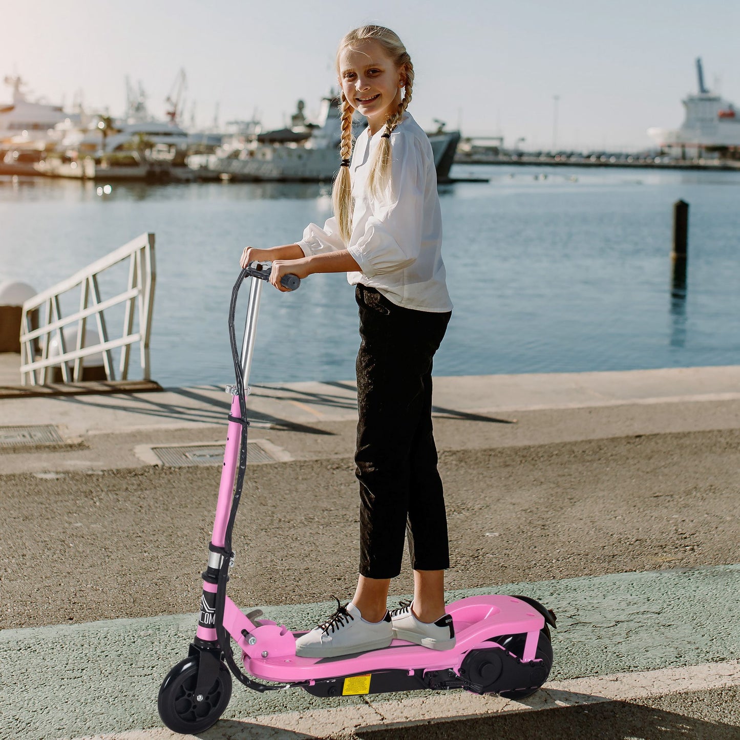 HOMCOM Trotinete Elétrico Dobrável Suporta até 50kg com Altura Ajustável Scooter Elétrica com Interruptor de Inicio e Freios 75x36x82-93cm Rosa