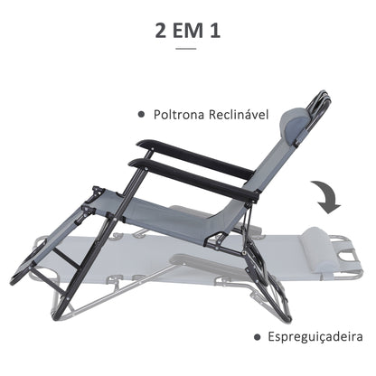 Outsunny Espreguiçadeira Reclinável com Almofada para a Cabeça Espreguiçadeira Dobrável e Portátil para Praia Campismo 118x60x80cm Cinza