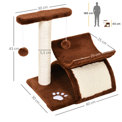 PawHut Árvore Arranhador para Gatos Pequena 43 cm Torre para Gatos com Poste Giratório Bolas Suspensas Plataforma Curva e Esconderijo 40x30x43 cm Marrom