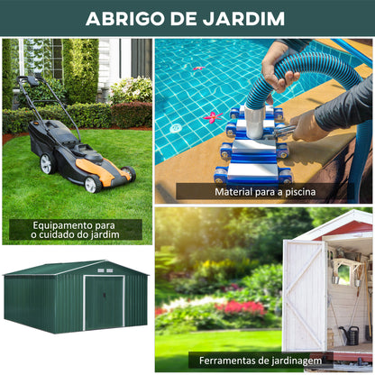 Outsunny Abrigo de Jardim Metálico 340x386x200cm Abrigo de Exterior para Armazenamento de Ferramentas com Base Incluida 4 Janelas de Ventilação e Porta Corredeira Verde