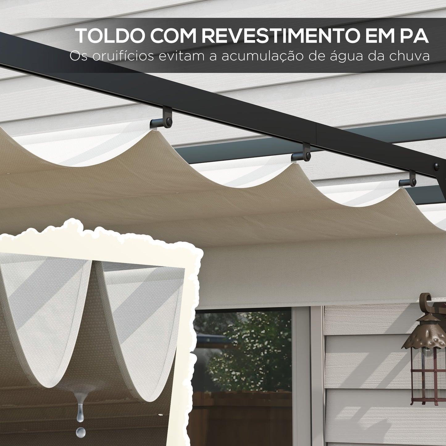 Outsunny Pérgola 3x4 Pérgola de Jardim com Teto Retrátil de Poliéster e 12 Orifícios de Drenagem Pérgola para Pátio Varanda Exterior Branco