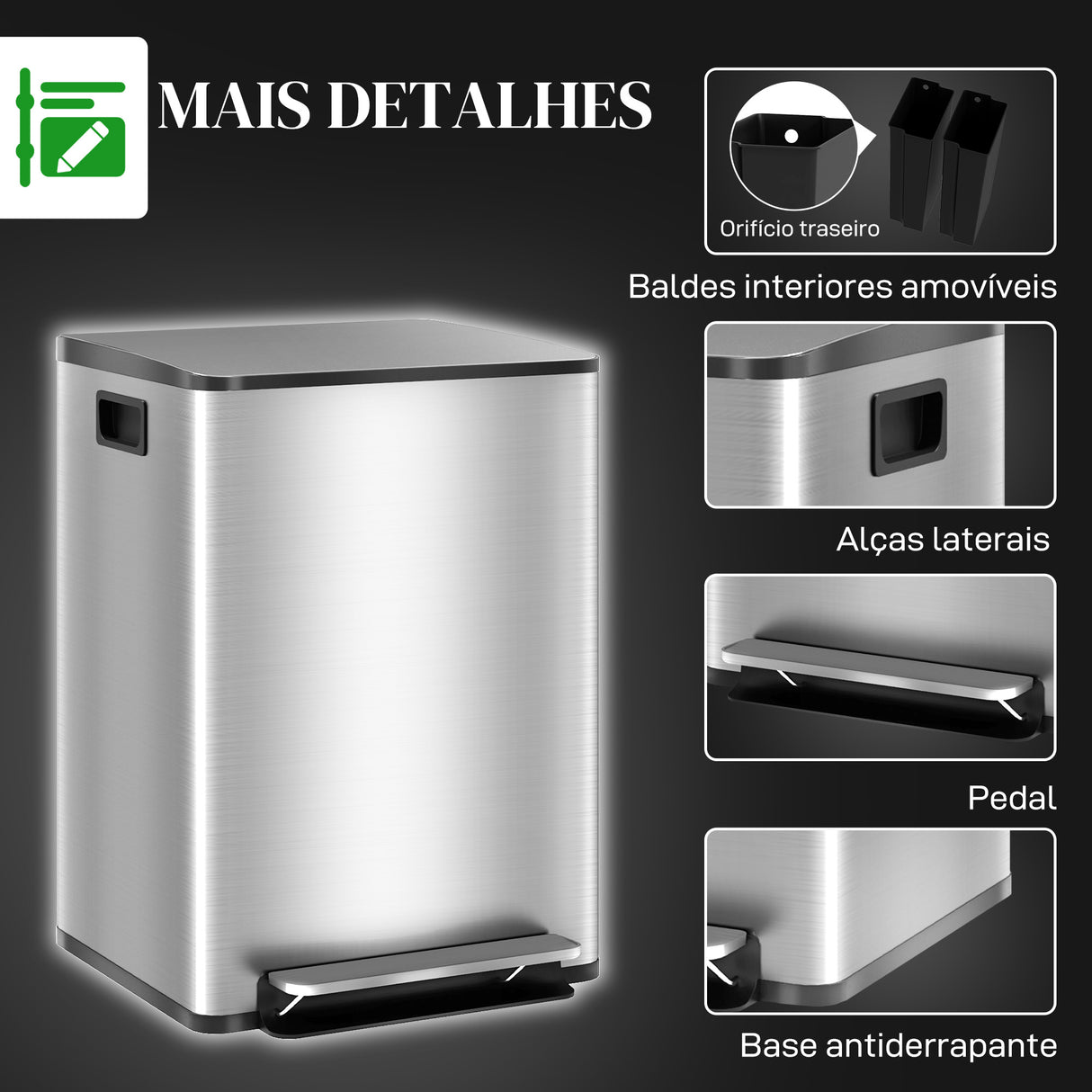 HOMCOM Balde de Lixo de Cozinha com 2 Compartimentos 2x20L Cubo de Lixo de Aço Inoxidável com Pedal Fechamento Suave e Cubo Amovível para Escritório Cozinha Prata