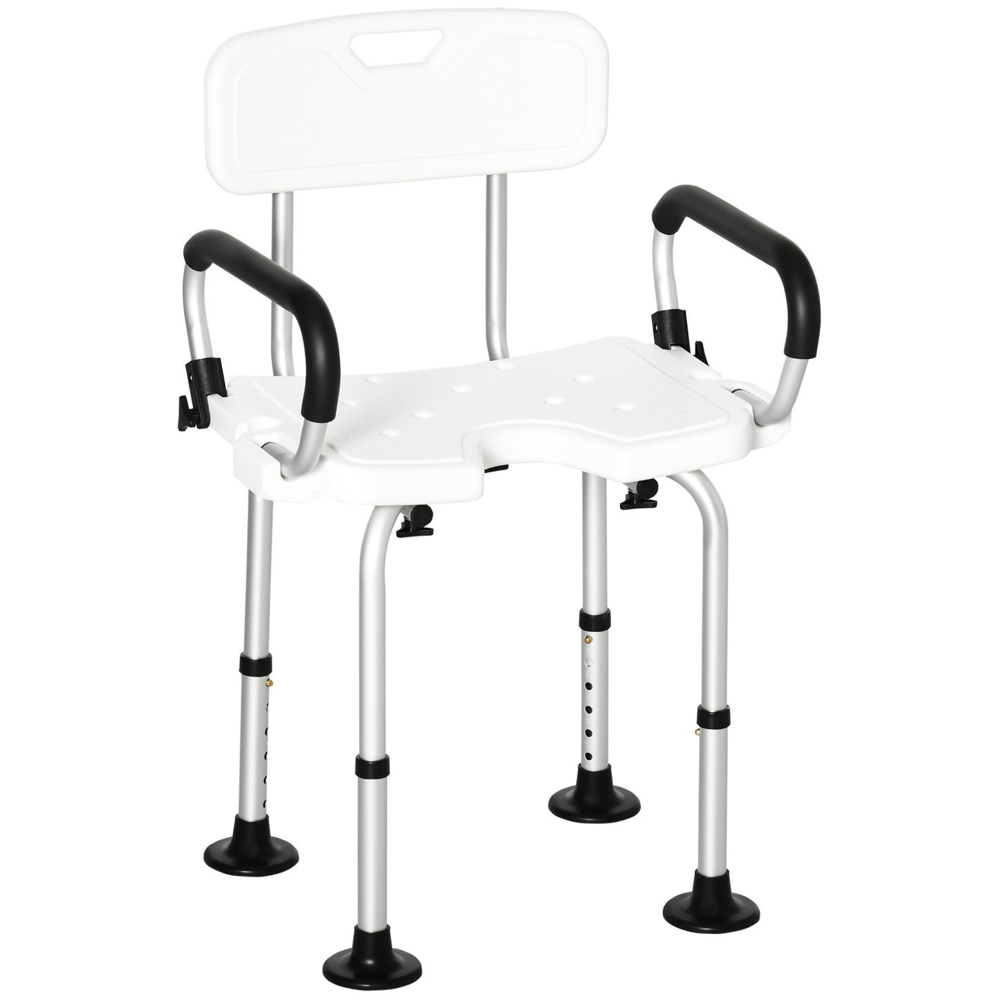 HOMCOM Cadeira para Duche de Liga de Alumínio Cadeira de Duche Antiderrapante com Altura Ajustável de 6 Níveis e Apoio para os Braços Regulável para Idosos 54x52x70-82cm Branco