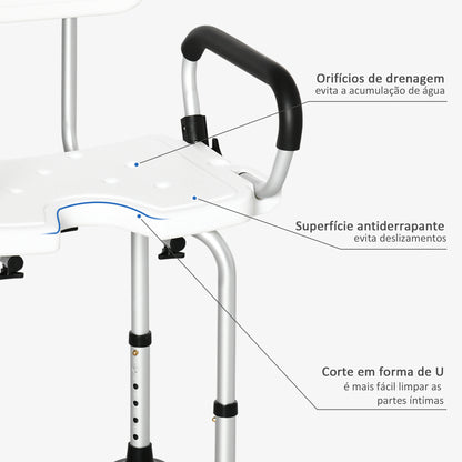 HOMCOM Cadeira para Duche de Liga de Alumínio Cadeira de Duche Antiderrapante com Altura Ajustável de 6 Níveis e Apoio para os Braços Regulável para Idosos 54x52x70-82cm Branco