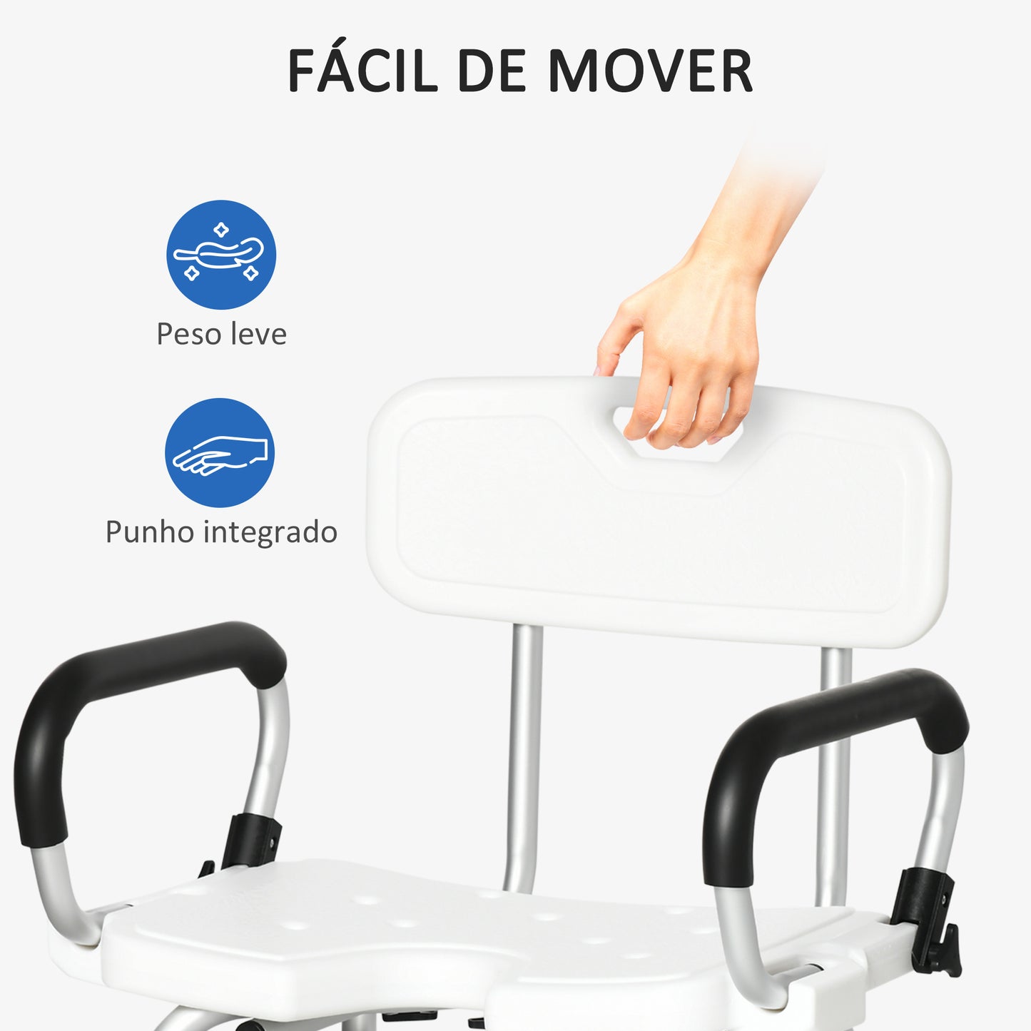 HOMCOM Cadeira para Duche de Liga de Alumínio Cadeira de Duche Antiderrapante com Altura Ajustável de 6 Níveis e Apoio para os Braços Regulável para Idosos 54x52x70-82cm Branco