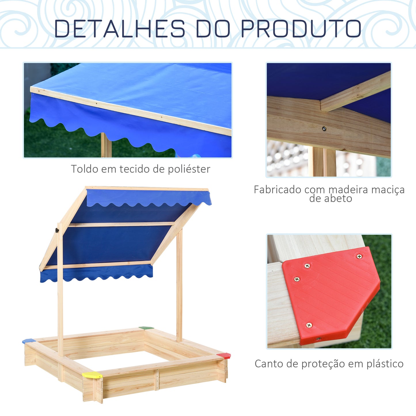 Outsunny Caixa de areia de madeira para crianças com telhado Toldo ajustável Espaçoso 120x120x120 cm para jardim Cor madeira natural