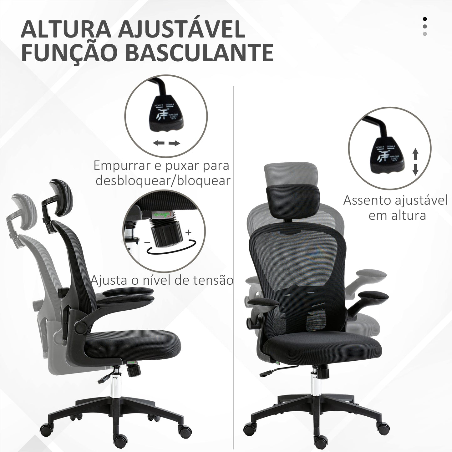 Vinsetto Cadeira de Escritório Basculante Cadeira de Escritório Giratória com Encosto Alto Apoio para a Cabeça Ajustável Suporte Lombar Apoio para os Braços Dobrável e Altura Ajustável Carga 120 kg 62x64x112-120 cm Preto