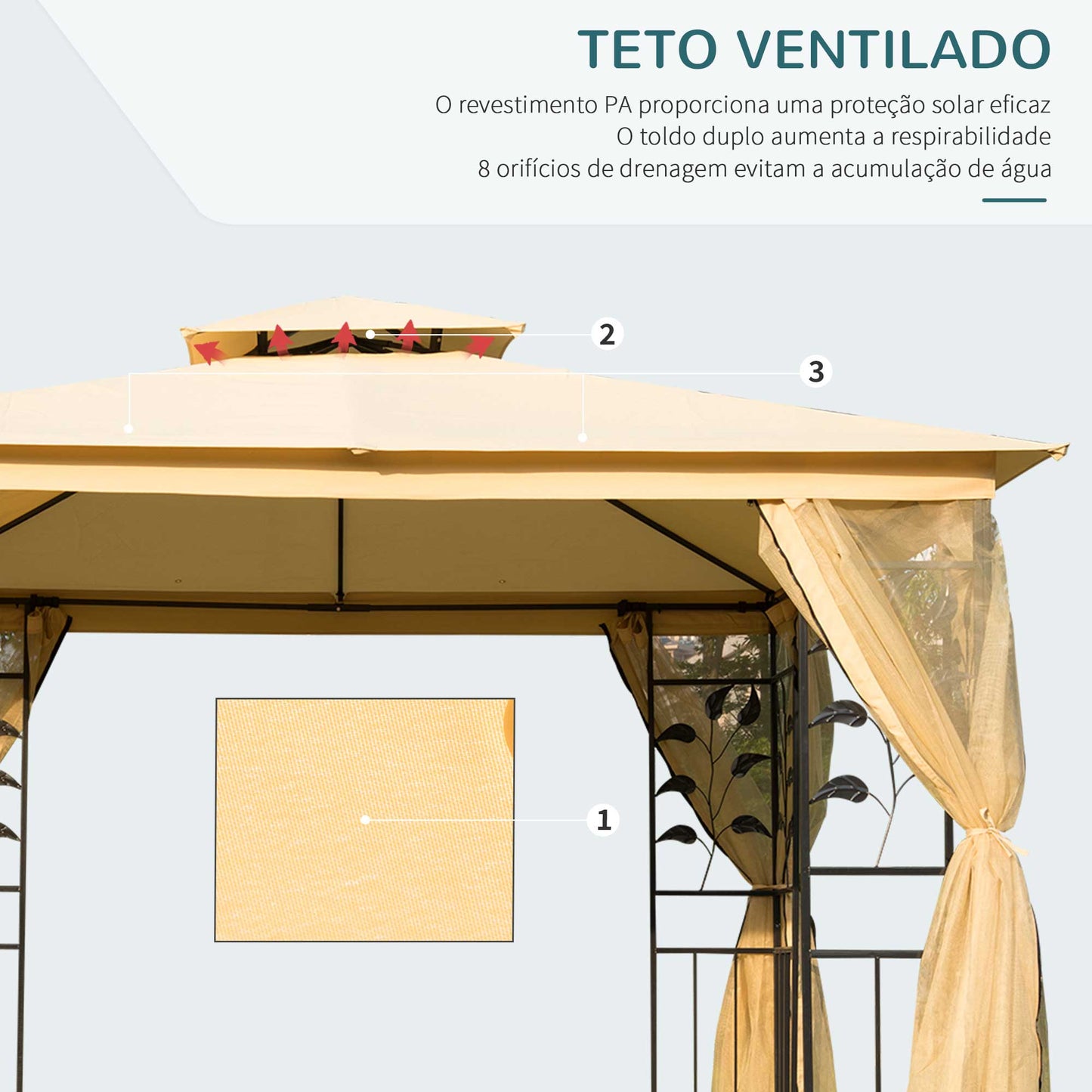 Outsunny Pérgola de Jardim 300x300x265 cm Pérgola de Exterior com Teto Duplo Mosquiteira e Orifícios de Drenagem Bege