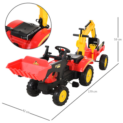 HOMCOM Trator de pedais com reboque escavadeira com pá frontal de brinquedo de condução para crianças acima de 3 anos Direção e pás de fácil controle Suporta até 35 kg 179x42x59 cm Vermelho