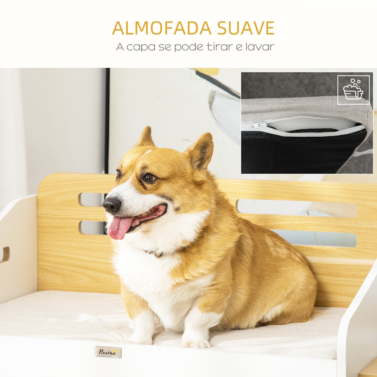 PawHut Cama de Madeira para Cães Gatos Sofá para Animais de Estimação Médios e Pequenos com Comedouro 2 Tigelas Almofada Acolchoada 100x56x39cm Natural e Branco