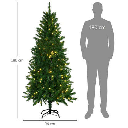 HOMCOM Árvore de Natal Artificial Altura 180cm Ignífugo com 714 Ramos 200 Luzes LED IPX2 8 Modos Folhas de PVC Base Dobrável e Suporte Metálico Decoração de Natal para Interiores Verde