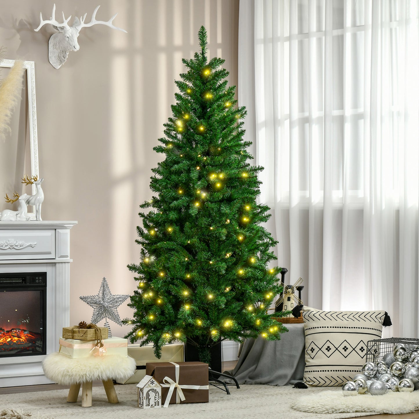 HOMCOM Árvore de Natal Artificial Altura 180cm Ignífugo com 714 Ramos 200 Luzes LED IPX2 8 Modos Folhas de PVC Base Dobrável e Suporte Metálico Decoração de Natal para Interiores Verde