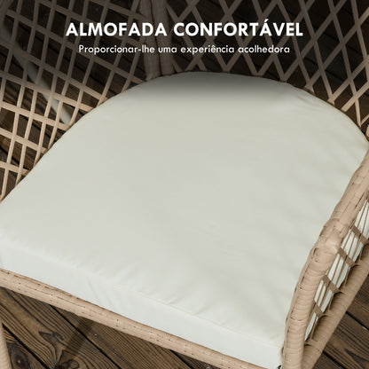 Outsunny Conjunto 3 Peças de Jardim em Vime Conjunto com 2 Poltronas e 1 Mesa de Centro Redonda com Tampo de Vidro Temperado para Terraço Pátio Natural e Caqui