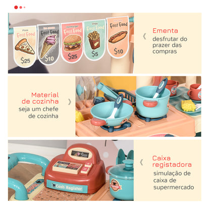 HOMCOM Cozinha de Brinquedo para Crianças de 3 a 6 Anos Cozinha Infantil com Rodas Caixa Registradora e Acessórios para Cozinhar 79,5x33x90,5 cm Multicolor