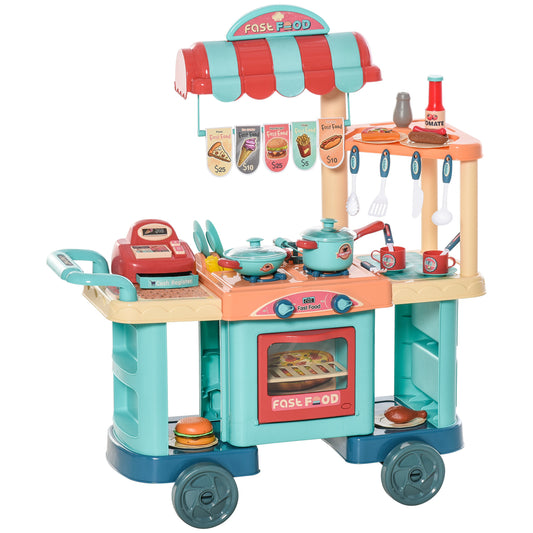 HOMCOM Cozinha de Brinquedo para Crianças de 3 a 6 Anos Cozinha Infantil com Rodas Caixa Registradora e Acessórios para Cozinhar 79,5x33x90,5 cm Multicolor