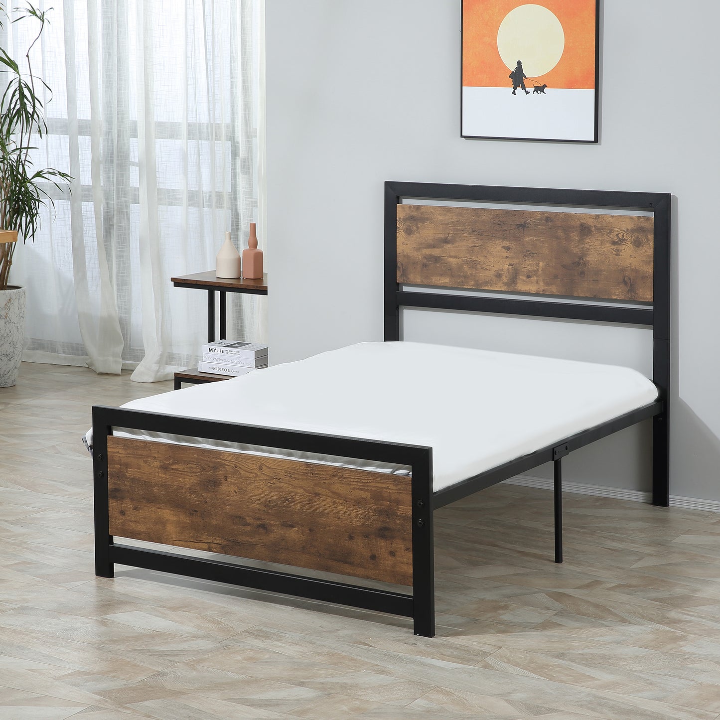 HOMCOM Estrutura de Cama Individual de Aço Estrutura de Cama com Cabeceira para Colchão 90x190 cm Carga Máxima 150 kg 97x195x103 cm Preto e Marrom Rústico