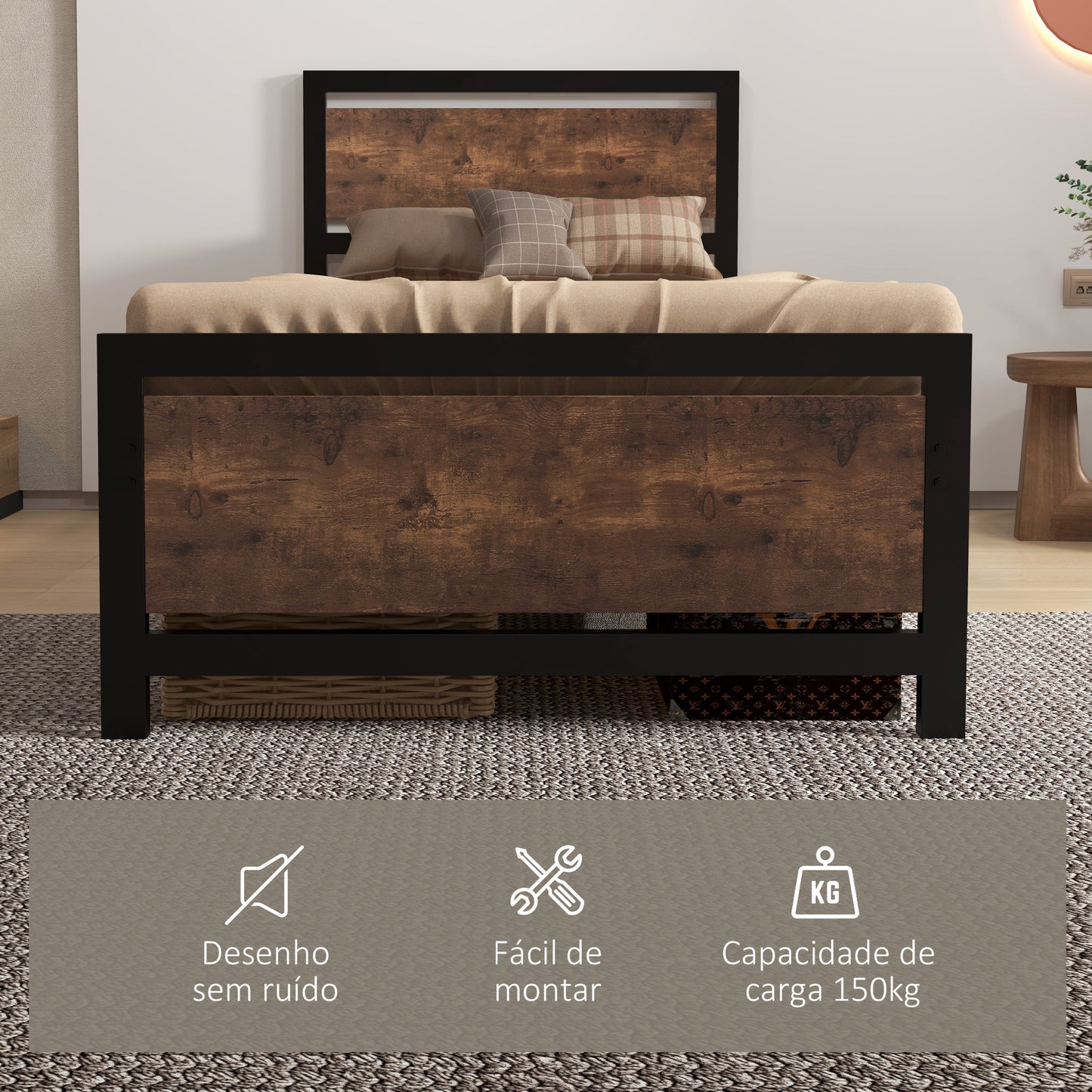 HOMCOM Estrutura de Cama Individual de Aço Estrutura de Cama com Cabeceira para Colchão 90x190 cm Carga Máxima 150 kg 97x195x103 cm Preto e Marrom Rústico