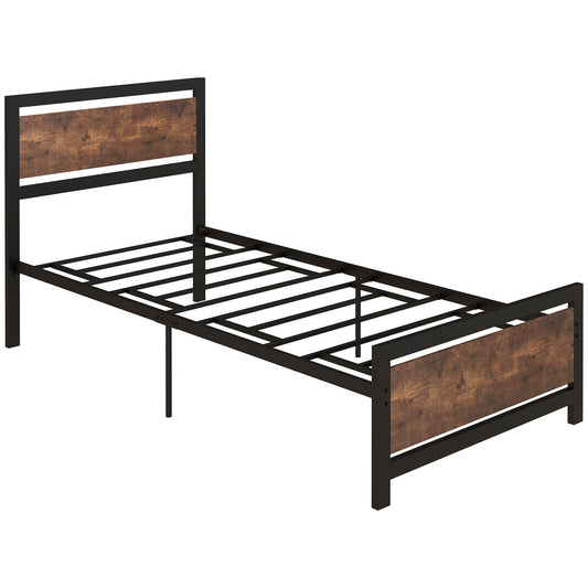 HOMCOM Estrutura de Cama Individual de Aço Estrutura de Cama com Cabeceira para Colchão 90x190 cm Carga Máxima 150 kg 97x195x103 cm Preto e Marrom Rústico