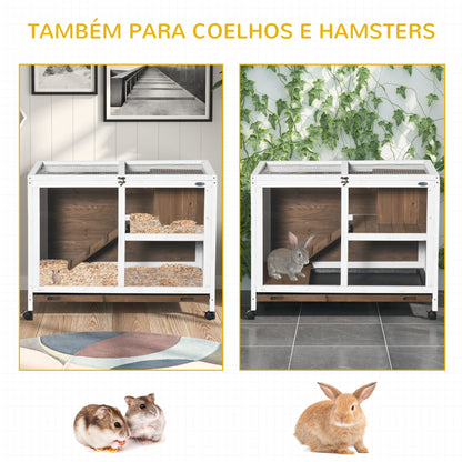 PawHut Coelheira de Madeira com Rodas 91,5x53,5x73cm Gaiola para Coelhos de 2 Níveis com Teto Abatível Bandeja Amovível e Rampa Marrom