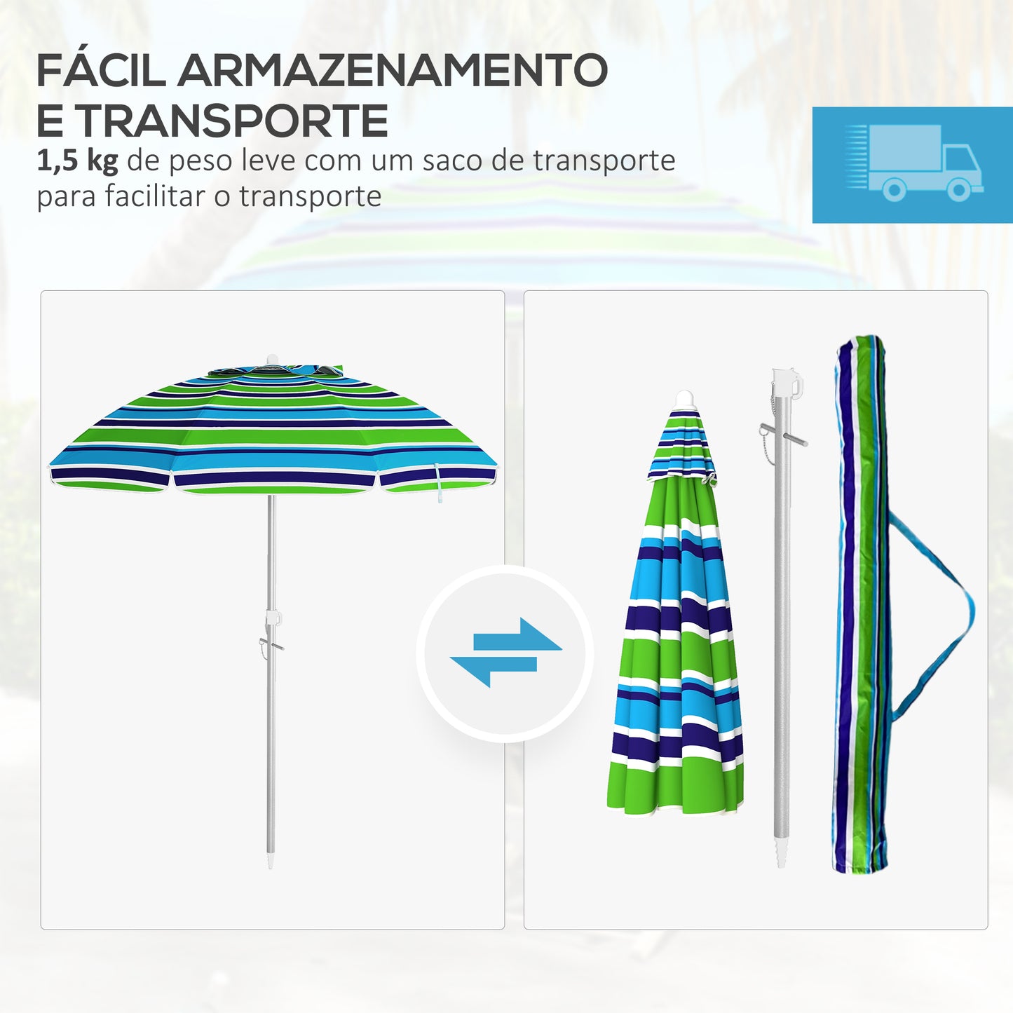 Outsunny Chapéu de Sol de Praia Ø178x205 cm Chapéu de Sol para Terraço com Inclinação de 45° e Altura Ajustável Abertura Manual Anti-UV Impermeável e Bolsa de Transporte para Jardim Piscina Multicolor