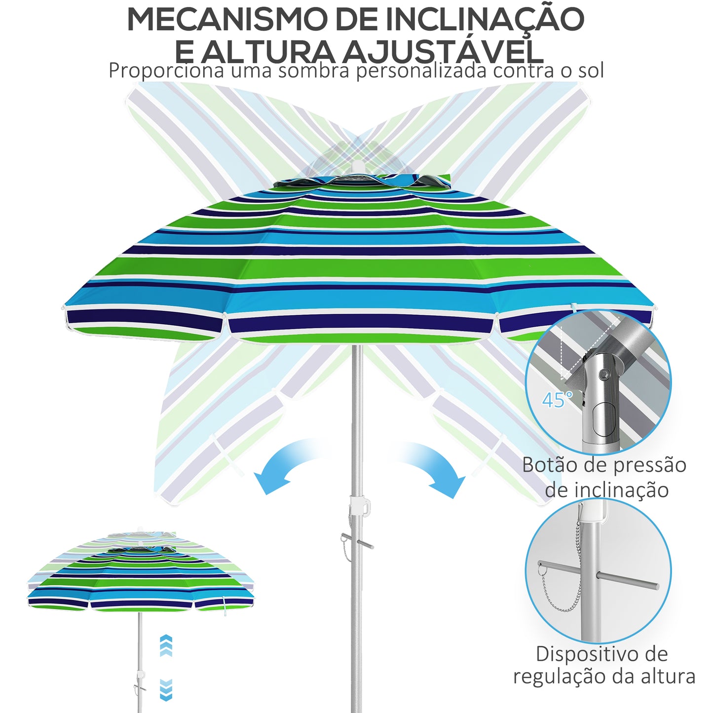 Outsunny Chapéu de Sol de Praia Ø178x205 cm Chapéu de Sol para Terraço com Inclinação de 45° e Altura Ajustável Abertura Manual Anti-UV Impermeável e Bolsa de Transporte para Jardim Piscina Multicolor