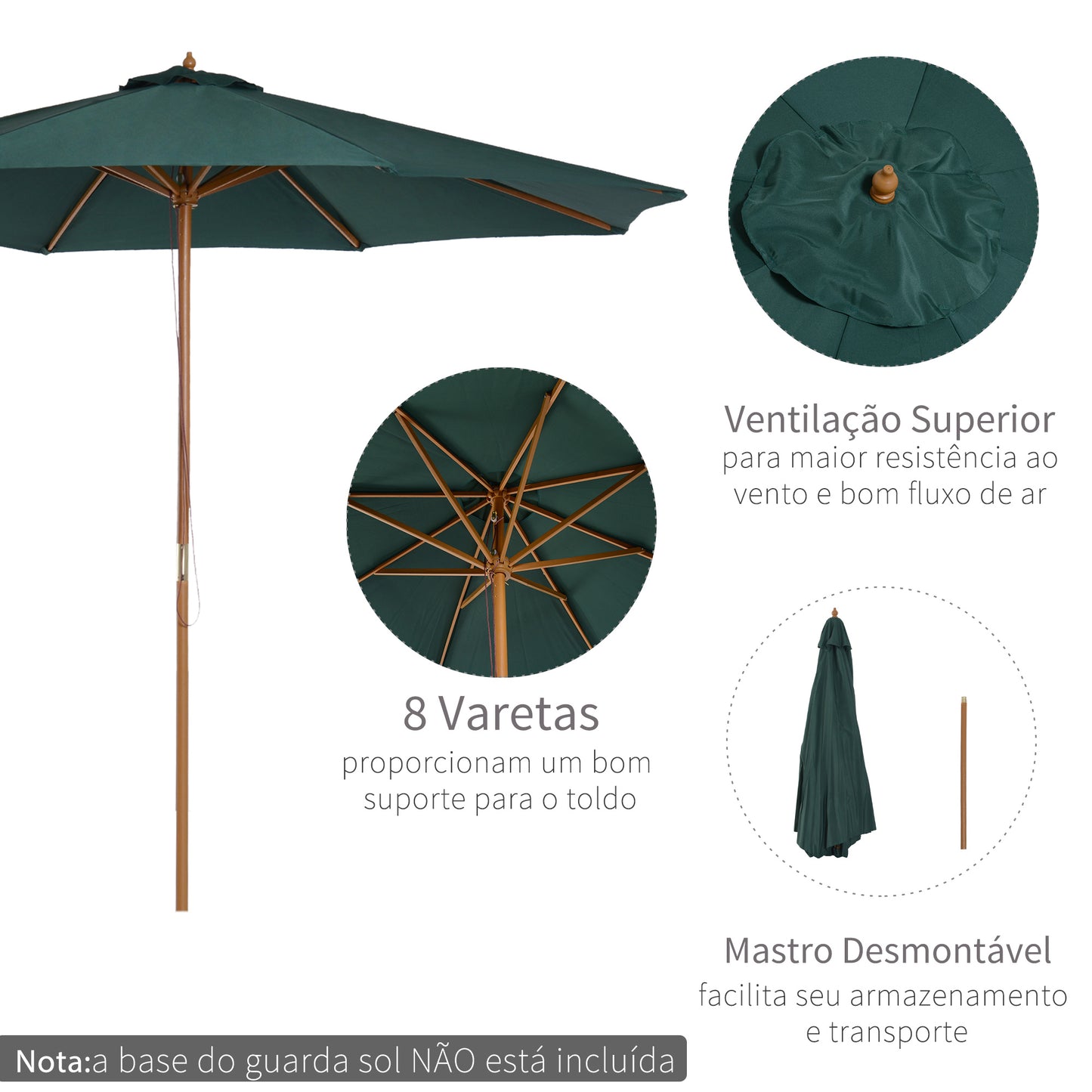 Outsunny Chapéu de Sol Ø300x250cm Chapéu de Sol com Mastro de Madeira com 8 Hastes Sistema de Polia com Fixação para Jardim Pátio Terraço Verde