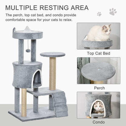 PawHut Arranhador para Gatos Médio Arranhador para Gatos de 5 Níveis Torre para Gatos com Plataforma Ninho Postes de Sisal Escada e Bola Suspensa 60x40x100 cm Cinza