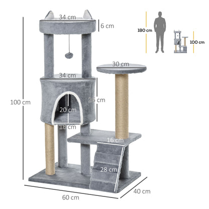 PawHut Arranhador para Gatos Médio Arranhador para Gatos de 5 Níveis Torre para Gatos com Plataforma Ninho Postes de Sisal Escada e Bola Suspensa 60x40x100 cm Cinza