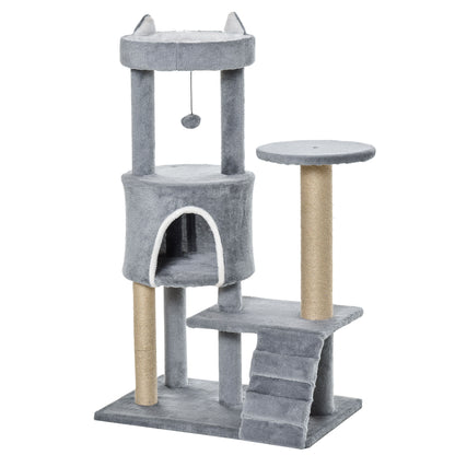 PawHut Arranhador para Gatos Médio Arranhador para Gatos de 5 Níveis Torre para Gatos com Plataforma Ninho Postes de Sisal Escada e Bola Suspensa 60x40x100 cm Cinza