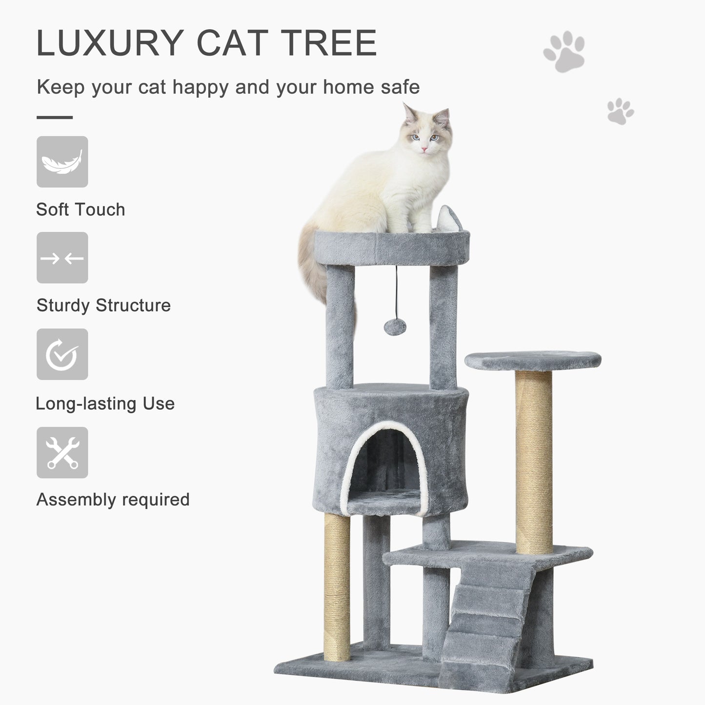 PawHut Arranhador para Gatos Médio Arranhador para Gatos de 5 Níveis Torre para Gatos com Plataforma Ninho Postes de Sisal Escada e Bola Suspensa 60x40x100 cm Cinza