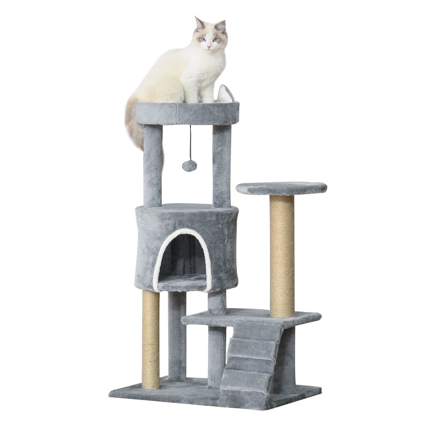 PawHut Arranhador para Gatos Médio Arranhador para Gatos de 5 Níveis Torre para Gatos com Plataforma Ninho Postes de Sisal Escada e Bola Suspensa 60x40x100 cm Cinza