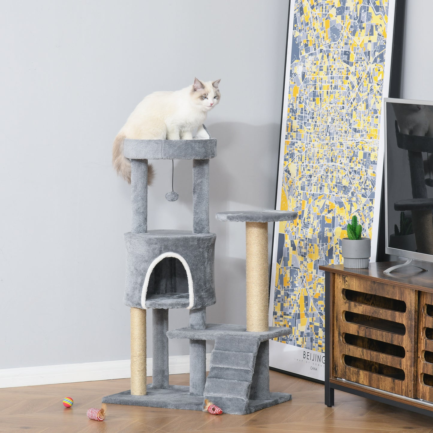 PawHut Arranhador para Gatos Médio Arranhador para Gatos de 5 Níveis Torre para Gatos com Plataforma Ninho Postes de Sisal Escada e Bola Suspensa 60x40x100 cm Cinza