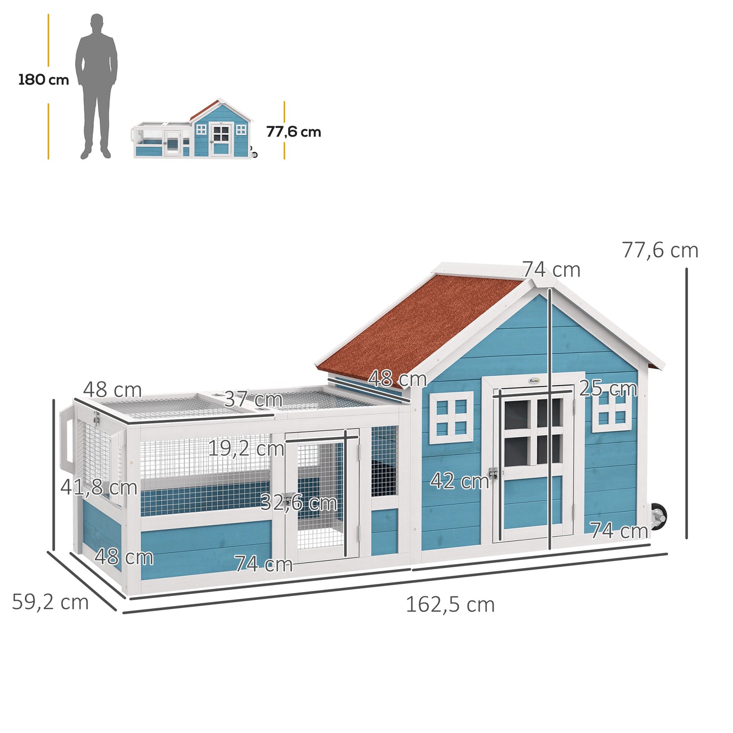 PawHut Coelheira Exterior de Madeira 162,5x59,2x77,6 cm Gaiola para Coelhos Grande com 2 Janelas de Decoração 2 Rodas 1 Porta 1 Rampa e Teto Asfáltico Azul