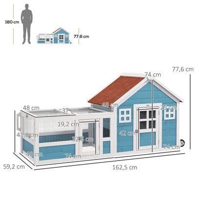 PawHut Coelheira Exterior de Madeira 162,5x59,2x77,6 cm Gaiola para Coelhos Grande com 2 Janelas de Decoração 2 Rodas 1 Porta 1 Rampa e Teto Asfáltico Azul