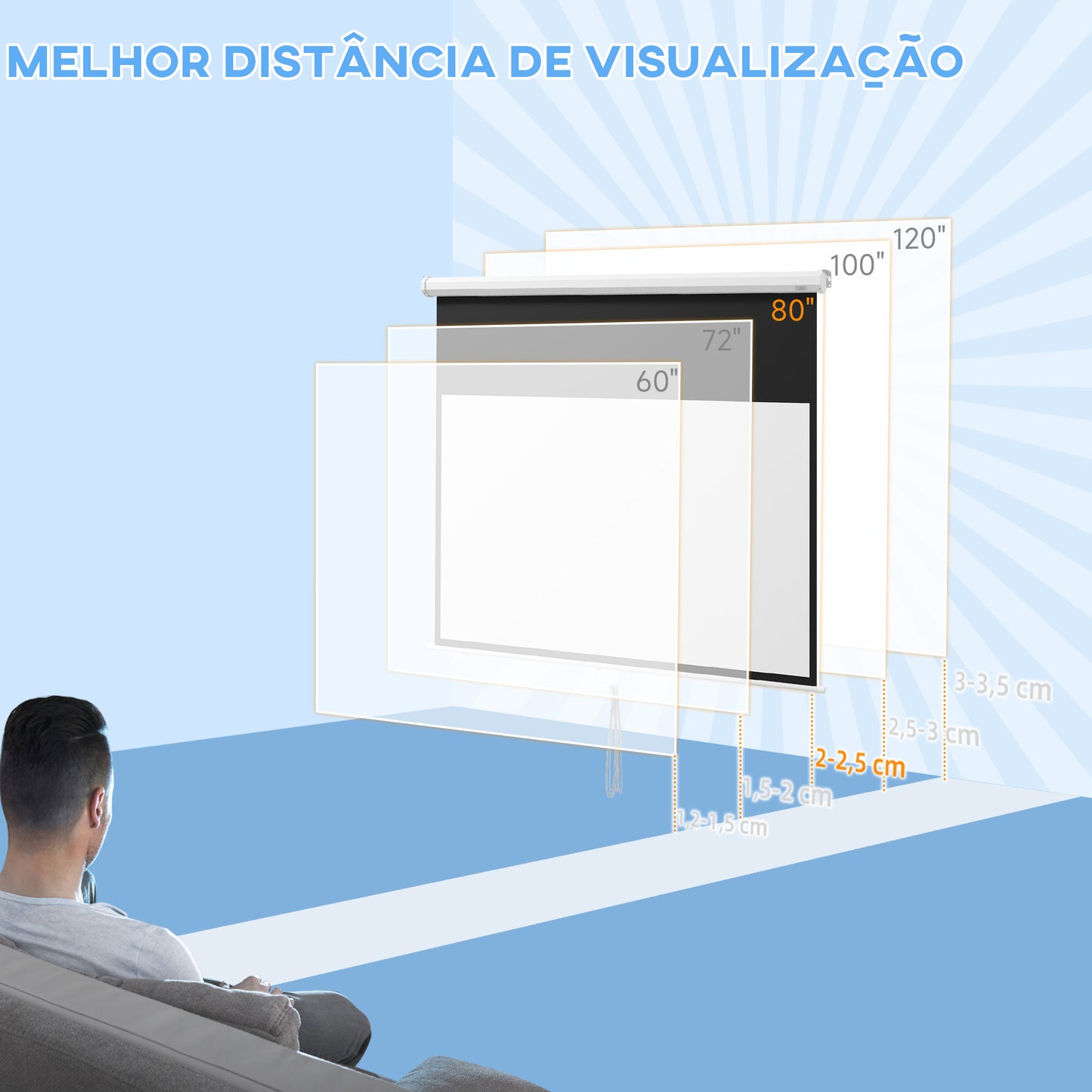 HOMCOM Tela de Projeção Manual 80 polegadas Tela de Projeção Portátil Formato 16:9 com Altura Ajustável para Interior e Exterior Cinema em Casa 187x8x150 cm Branco