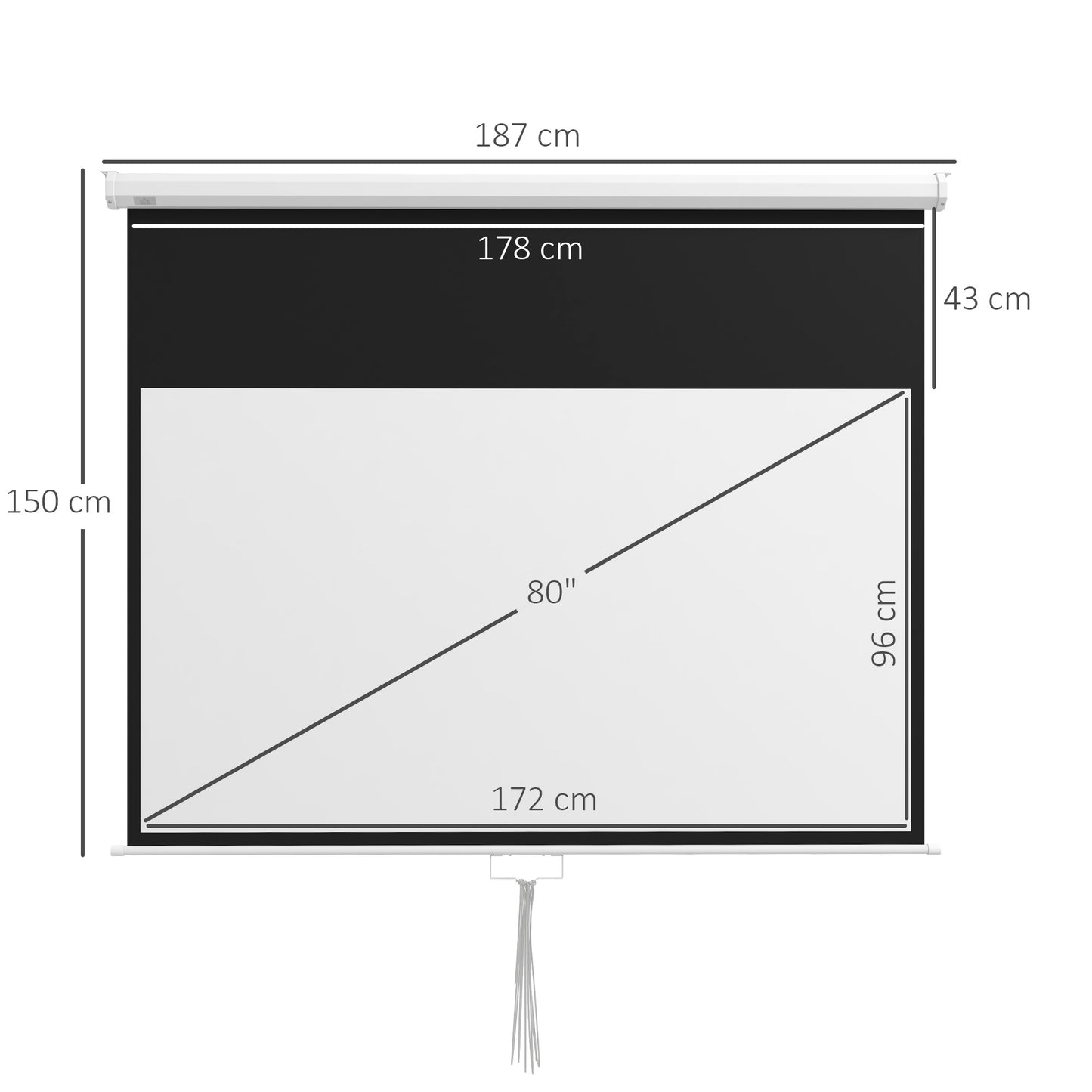 HOMCOM Tela de Projeção Manual 80 polegadas Tela de Projeção Portátil Formato 16:9 com Altura Ajustável para Interior e Exterior Cinema em Casa 187x8x150 cm Branco