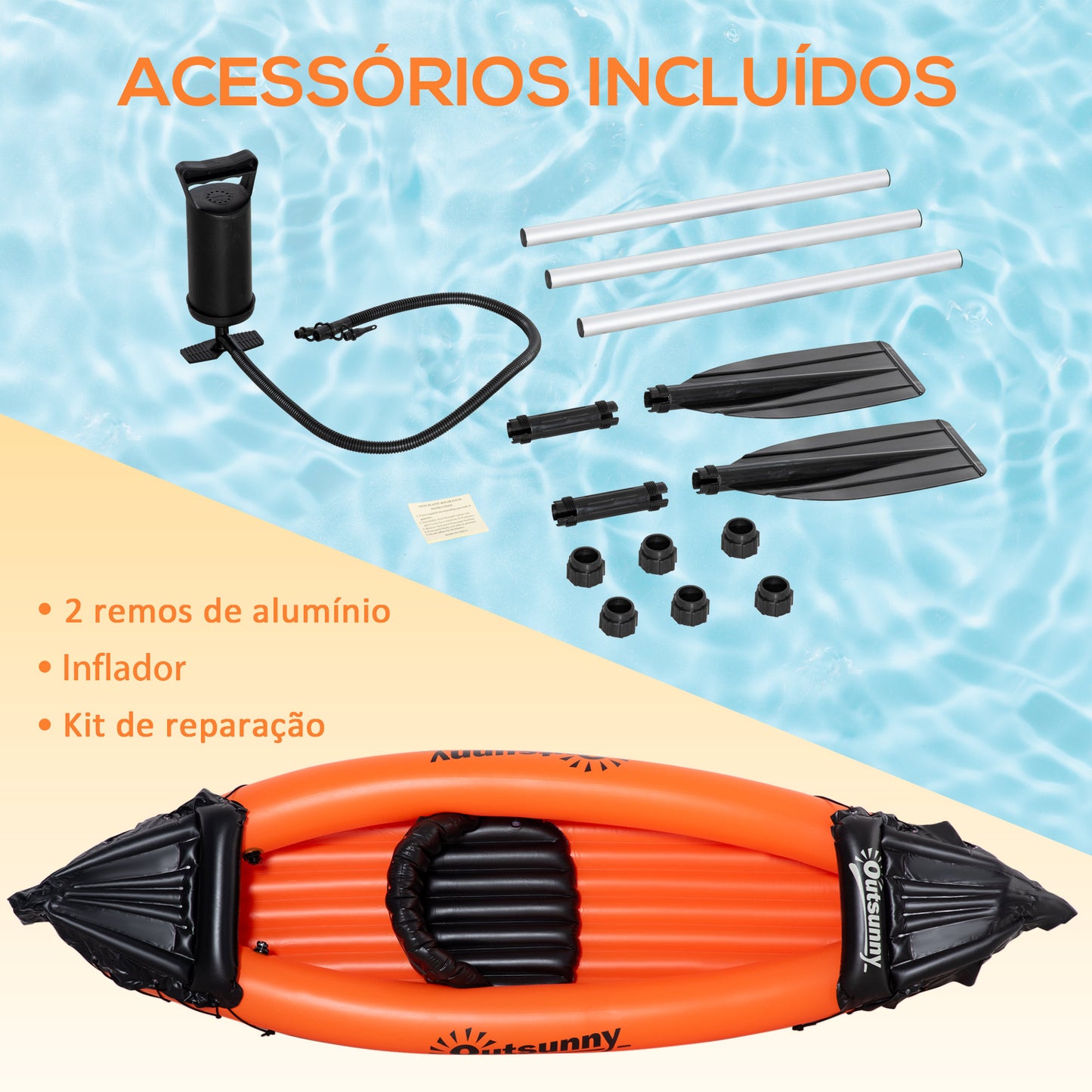 Outsunny Caiaque Insuflável para 1 Pessoa Caiaque Insuflável de PVC com Remo Bomba de Mão e Kit de Reparação 270x93x50cm Laranja