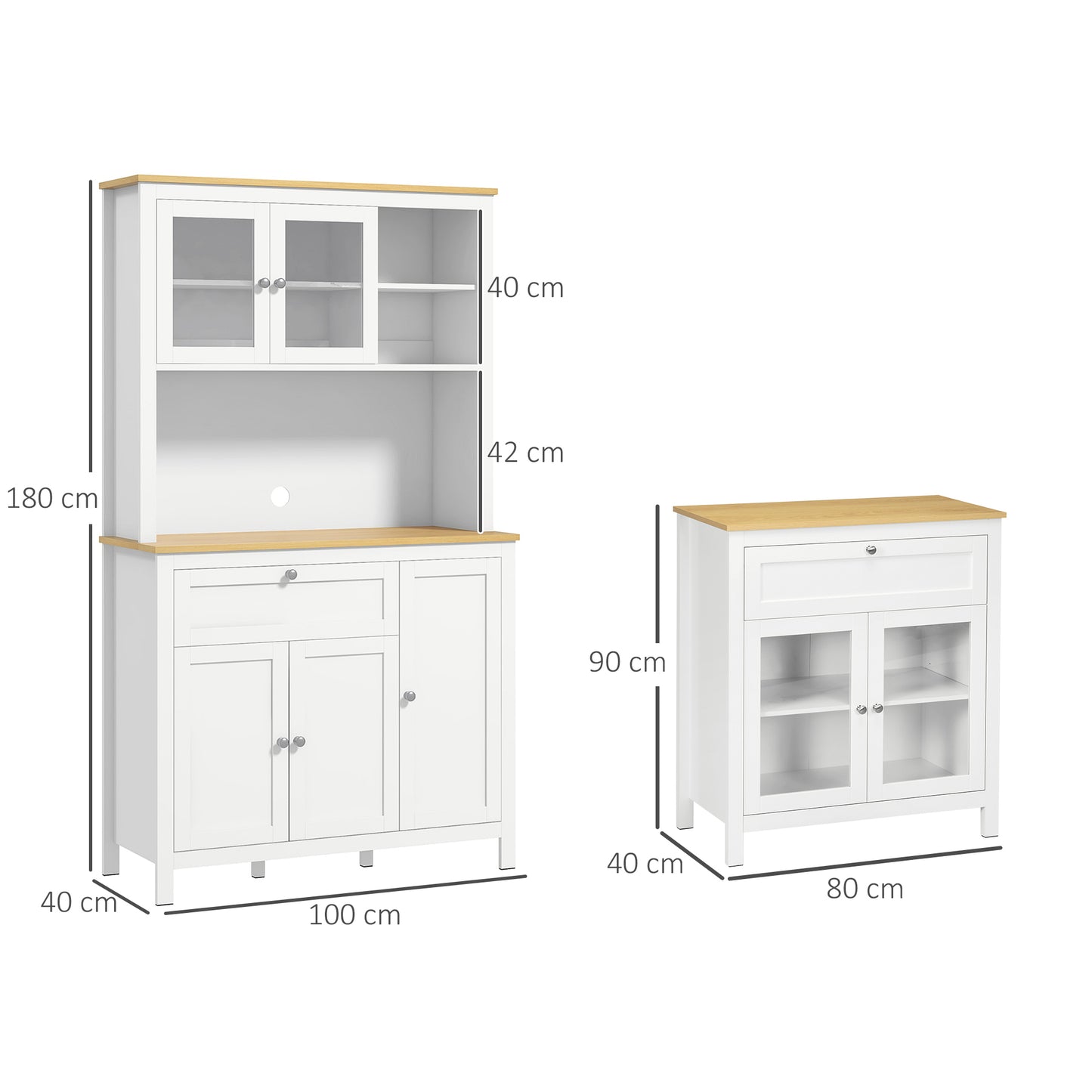 HOMCOM Conjunto de Móveis de Cozinha Armário de Cozinha e Aparador com Gaveta Prateleira Ajustável Estilo Moderno para Sala de Estar Sala de Jantar 100x40x180 cm 80x40x90 cm Branco