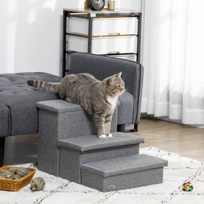 PawHut Escada para Animais de Estimação com 3 Degraus para Cães Gatos com Espaço de Armazenamento 63,5x42,5x40,5 cm Cinza