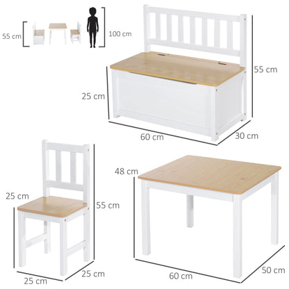 Conjunto Infantil de Mesa 2 Cadeiras e Banco com Armazenamento Móveis Infantil para Sala de Jogos Dormitório Branco e Natural