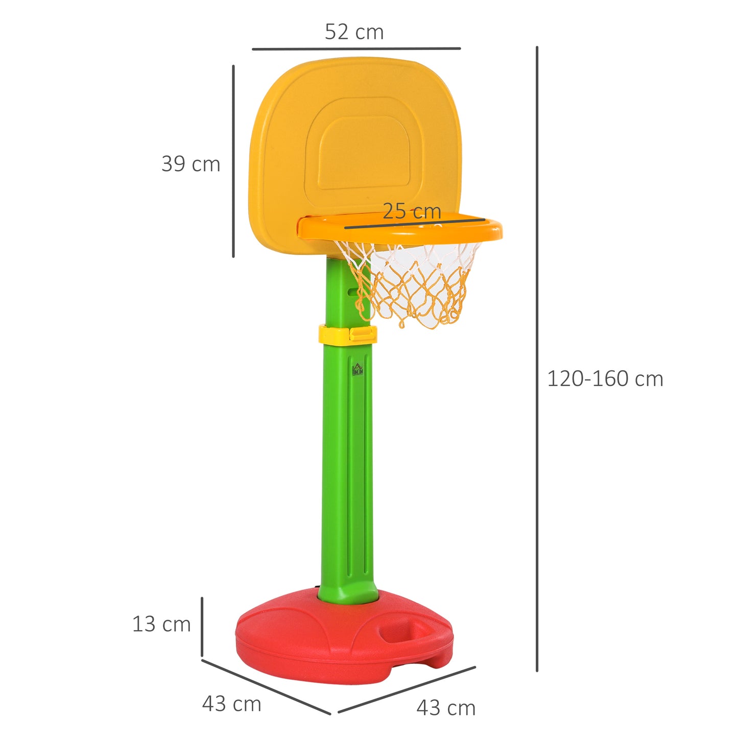 HOMCOM Tabela de Basquetebol Infantil para Crianças acima de 3 anos Altura Ajustável 2 Bolas e Inflador 52,5x44x120-160cm Amarelo Verde Vermelho