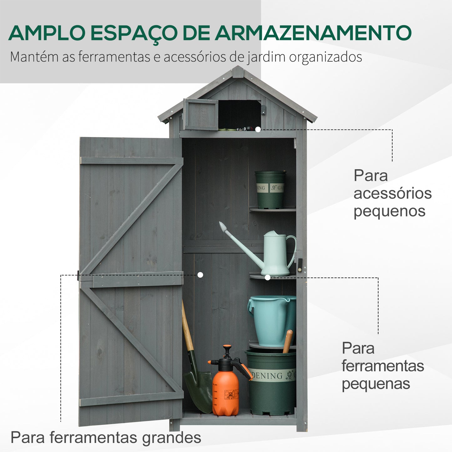 Outsunny Armário de Jardim de Madeira 77x54,2x179 cm 0,3 m² Armário de Armazenamento de Ferramentas com 3 Prateleiras e 2 Portas com Fechadura para Pátio Varanda Cinza e Verde