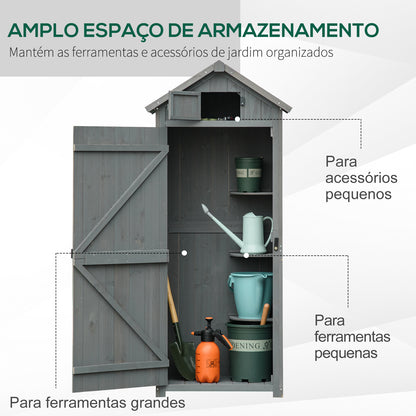 Outsunny Armário de Jardim de Madeira 77x54,2x179 cm 0,3 m² Armário de Armazenamento de Ferramentas com 3 Prateleiras e 2 Portas com Fechadura para Pátio Varanda Cinza e Verde