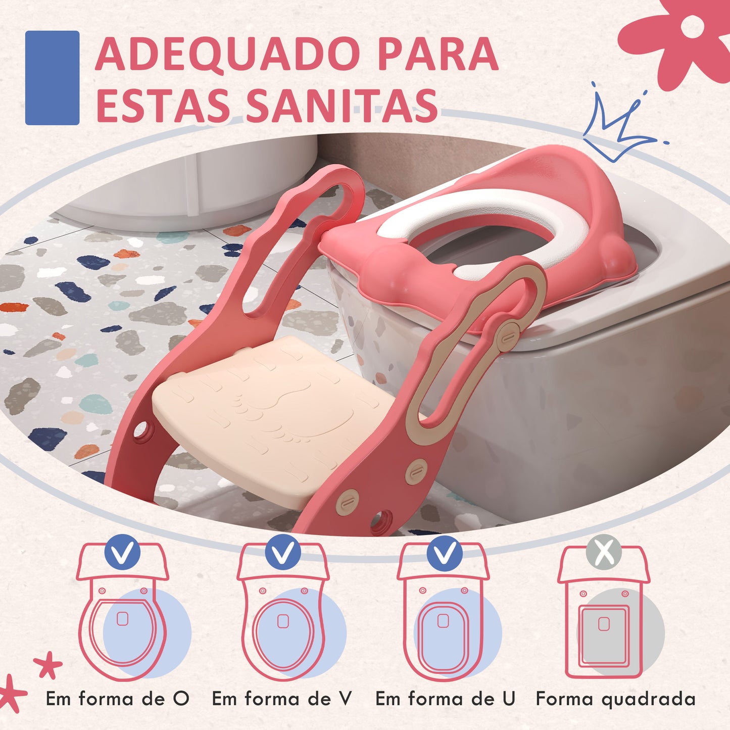 ZONEKIZ Redutor Sanita com Escada Adaptador Sanita para Crianças de 2-6 Anos Dobrável Ajustável Redutor de Aprendizagem para Casa de Banho com Escada Antiderrapante 67,9x42,8x51,5 cm Rosa